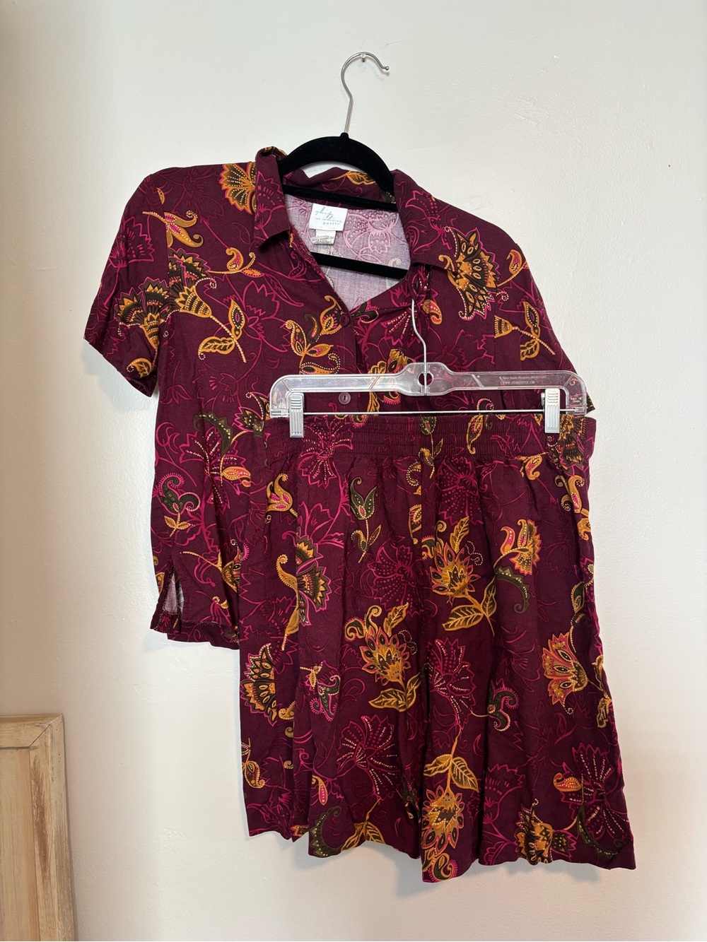 Vintage Burgundy Floral Two-Piece Set - Button Shirt & Skirt